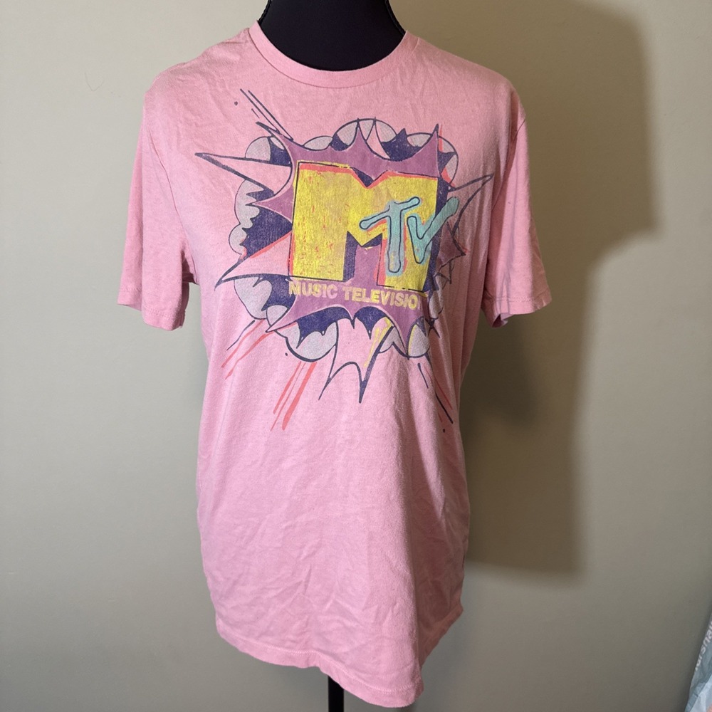 MTV Shirt Adult Salmon Pink Music Television Logo Graphic Short Sleeve Size S